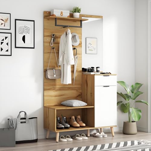 Hohes Garderobenset in Holzoptik mit Spiegel, Schuhbank mit Polster, Schuhschrank, Schublade, Regal, Kleiderhaken – Praktisches Design für den Eingangsbereich Hohes Garderobenset in Holzoptik mit Spiegel, Schuhbank mit Polster, Schuhschrank, Schublade, Regal, Kleiderhaken – Praktisches Design für den Eingangsbereich von Drmoxin