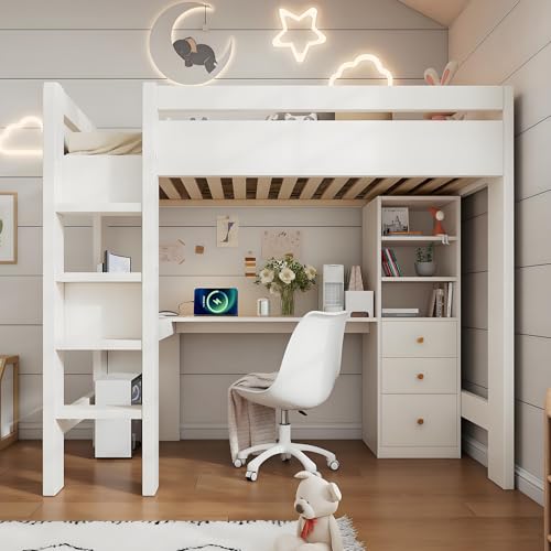 Kinderbett 90x200 Einzelbett, Hochbett mit Stauschrank, Schreibtisch und Treppe, Regal & Schubladen & Schließfach, Holzbett Stauraumbett Funktionsbett Jugendhochbett mit Lattenrost,Ohne Matratze,Weiß von Drmoxin