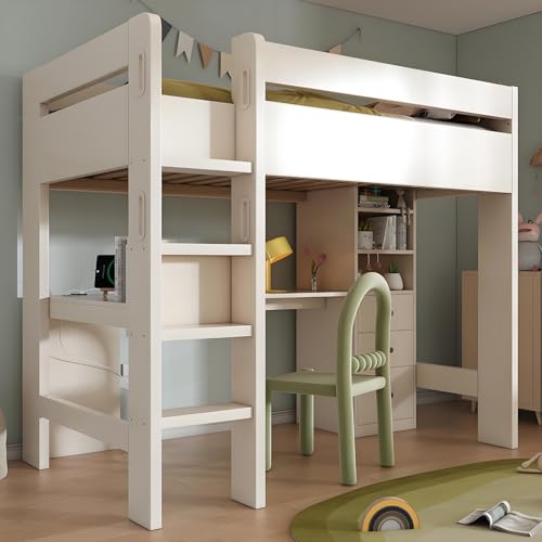 Kinderbett 90x200 Einzelbett, mit L-förmigem Schreibtisch, Regalen und Schubladen mit USB/Type-C Ladebereich,Kinderhochbett Jugendhochbett, Massivholz, Ohne Matratze, Weiß von Drmoxin