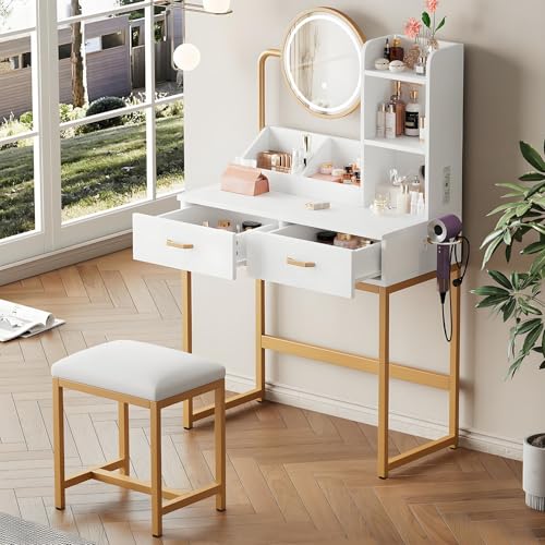 Moderner Schminktisch mit LED-Beleuchtung, drehbarem Spiegel & Steckdosen – inkl. Hocker & Metallbeinen – 2 Schubladen + 2 offene Ablageflächen, weiß, Maße: 80×138,5×40 cm (B×H×T),Gold von Drmoxin
