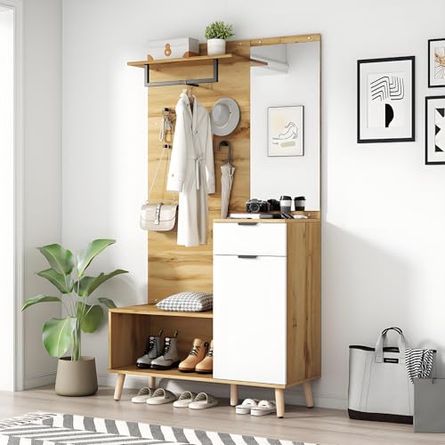 Multifunktionales 190 cm hohes Garderobenset aus Holz mit Spiegel, Schuhbank, Schuhschrank, Schublade, Regal und Kleiderhaken – Modernes Design mit hydraulischen Scharnieren und praktischem Stauraum von Drmoxin