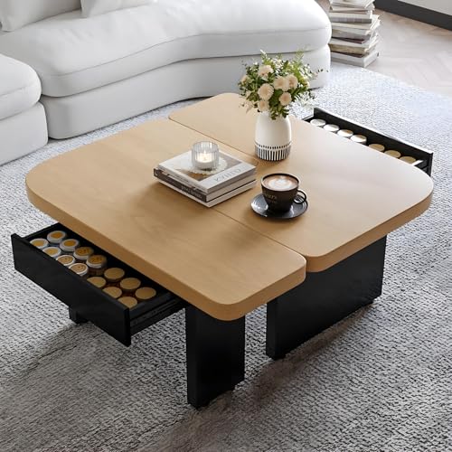 Quadratischer Couchtisch, Holz-Mitteltisch für Wohnzimmer,moderner Cocktail-Tee-Akzenttisch,Design in natürlicher Holzfarbe, Rechteckiger Mitteltisch Teetisch Akzentmöbel Tisch Sofa Beistelltisch von Drmoxin