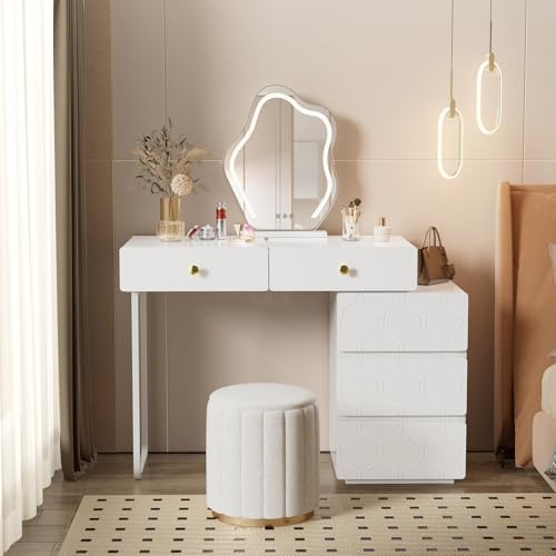 Schminktisch, 5 Schubladen, ohne Spiegel und Hocker, Schrank und Beine Links und rechts austauschbar, 90x 40 x 73.5 cm, Wellenmuster, Minimalistischer Stil Kommode Schminktisch, 5 Schubladen, ohne Spiegel und Hocker, Schrank und Beine Links und rechts austauschbar, 90x 40 x 73.5 cm, Wellenmuster, Minimalistischer Stil Kommode von Drmoxin