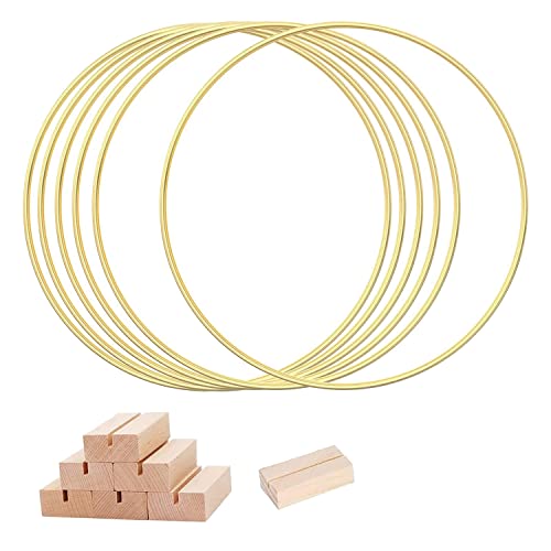 Droagoct 6 PCS 12 GroßEs Metall-Blumen-Reifen-MittelstüCk für Den Tisch, Goldener Kranzring mit 6 PCS-HolzhalterstäNdern, Reifenringe von Droagoct