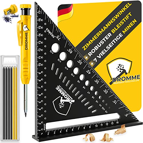 Premium Zimmermannswinkel Set: 5-in-1 Metall Winkel & Baustellenstift - Lasermarkiert, Präzises Anreißwerkzeug, Holzverarbeitung, Inkl. Tieflochmarker, Tischler Werkzeug & 7 Minen von Dromme