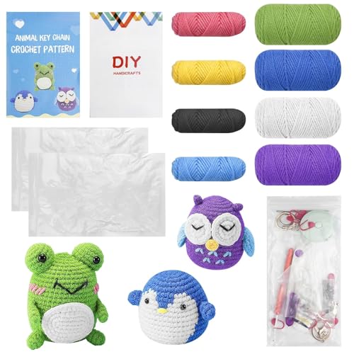 Dromzen Häkelnadel Set, Häkelset für Anfänger mit Anleitung, Stricken für Anfänger Set, Häkelset Tiere, Tiere Häkeln Set, Häkelpaket für Anfänger, Anfänger-Häkel-Set für DIY(Pinguin, Frosch und Eule) von Dromzen