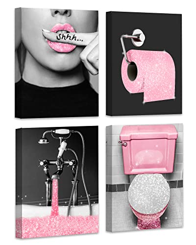 Drsoum Glam Fashion Badezimmer-Wanddekor-Drucke Glitzer-Seiden-Leinwand, Poster schwarz und rosa, Wandkunst, moderne Frauen, lustige Badezimmer-Wandgemälde, 4er-Set, 20,3 x 25,4 cm (gerahmt) von Drsoum