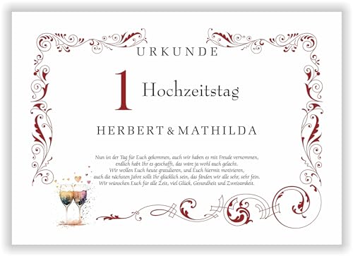 1. Hochzeitstag Papier Hochzeit Deko Urkunde personalisiert Hochzeitstag Ehejubiläum persönliches Geschenk für Paare Papierne Hochzeit im DIN-A4-Format von Druck-Geschenk