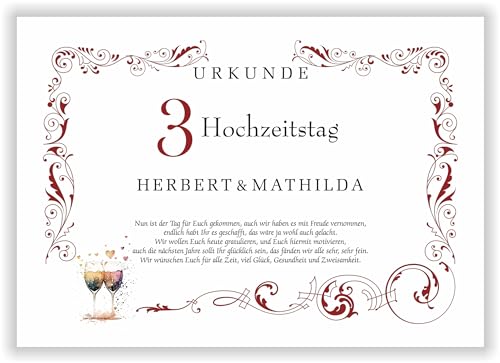 3. Hochzeitstag Lederhochzeit Deko Urkunde personalisiert Hochzeitstag Ehejubiläum persönliches Geschenk Glückwunsch für Paare Lederne Hochzeit von Druck-Geschenk