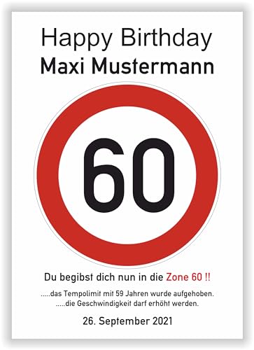 60 Geburtstag Geschenk Mann Frau persönliche Geschenkidee lustiges Geburtstagsgeschenk - Happy Birthday - 60 Jahre Verkehrszeichen Party Deko personalisiertes Bild von Druck-Geschenk