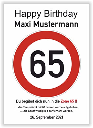 65 Geburtstag Geschenk Mann Frau persönliche Geschenkidee lustiges Geburtstagsgeschenk - Happy Birthday - 65 Jahre Verkehrszeichen Party Deko personalisiertes Bild von Druck-Geschenk