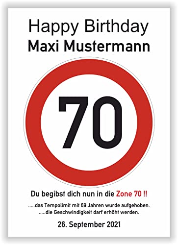 70 Geburtstag Geschenk Mann Frau persönliche Geschenkidee lustiges Geburtstagsgeschenk - Happy Birthday - 70 Jahre Verkehrszeichen Party Deko personalisiertes Bild von Druck-Geschenk