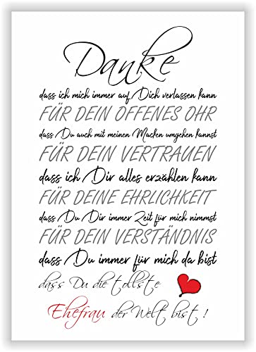 Danke für die tollste EHEFRAU der Welt - Kunstdruck Bild Geschenk Frauen Geburtstagsgeschenk Deko Jahrestag Geschenkidee Hochzeitstag DIN A4 von Druck-Geschenk