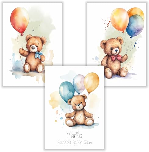 Druck-Geschenk Poster Kinderzimmer, 3er Set Bilder Babyzimmer Geburtsdaten Junge Mädchen, Luftballon Teddy Bärchen Schleife Fliege personalisierte Deko Geburtsbild von Druck-Geschenk