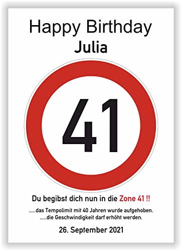 Druck-Geschenk Verkehrszeichen 41 km/h Geburtstag Party Deko Kunstdruck Karte Straßenzeichen Verkehrsschild Print DIN A4 mit Name & Datum von Druck-Geschenk