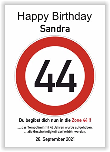 Druck-Geschenk Verkehrszeichen 44 km/h Geburtstag Party Deko Kunstdruck Karte Straßenzeichen Verkehrsschild Print DIN A4 mit Name & Datum von Druck-Geschenk