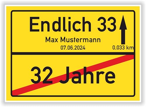 ENDLICH 33 - personalisiertes Ortsschild Bild zum 33. Geburtstag - mit Name und Datum - lustiges Geschenk oder Dekoration - Party Deko Poster - Geschenkidee Geschenkkarte für Männer und Frauen ENDLICH 33 - personalisiertes Ortsschild Bild zum 33. Geburtstag - mit Name und Datum - lustiges Geschenk oder Dekoration - Party Deko Poster - Geschenkidee Geschenkkarte für Männer und Frauen von Druck-Geschenk