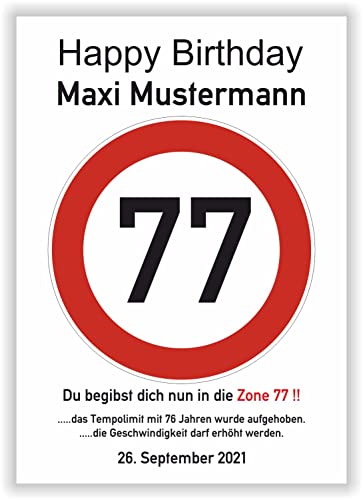 Geschenk 77 Geburtstag Mann Frau persönliche Geschenkidee lustiges Geburtstagsgeschenk - Happy Birthday - 77 Jahre Verkehrszeichen Party Deko personalisiertes Bild von Druck-Geschenk