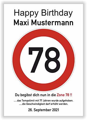 Geschenk 78 Geburtstag Mann Frau persönliche Geschenkidee lustiges Geburtstagsgeschenk - Happy Birthday - 78 Jahre Verkehrszeichen Party Deko personalisiertes Bild von Druck-Geschenk