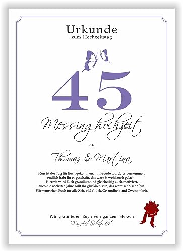 Geschenk zum 45. Hochzeitstag Messinghochzeit Urkunde 45 Jahre verheiratet Messing Hochzeit Ehejubiläum Karte Geschenkidee 45 Hochzeitstag Glückwunsch von Druck-Geschenk