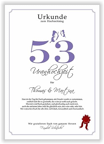 Geschenk zum 53. Hochzeitstag Uranhochzeit Urkunde 53 Jahre verheiratet Uran Hochzeit Ehejubiläum Karte Geschenkidee 53 Hochzeitstag Glückwunsch von Druck-Geschenk