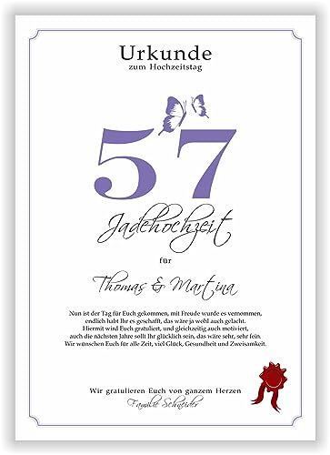 Geschenk zum 57. Hochzeitstag Jadehochzeit Urkunde 57 Jahre verheiratet Jade Hochzeit Ehejubiläum Karte Geschenkidee 57 Hochzeitstag Glückwunsch von Druck-Geschenk