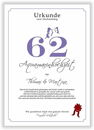 Geschenk zum 62. Hochzeitstag Aquamarinhochzeit Urkunde 62 Jahre verheiratet Aquamarin Hochzeit Ehejubiläum Karte Geschenkidee 62 Hochzeitstag Glückwunsch von Druck-Geschenk