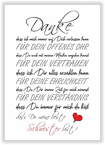 Kunstdruck Bild "DANKE beste Schwester" - Geschenk Geburtstagsgeschenk Deko Wandbild Geschenkidee mit tollen Eigenschaften für die beste Schwester DIN A4 von Druck-Geschenk