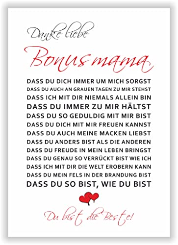 Kunstdruck Poster Bild Danke Bonusmama Patchworkfamilien Geschenk Karte Mama Geburtstagsgeschenk Herzen Schlafzimmer Geschenkidee für Mutter Geburtstag Wanddeko Dekoration DINA 4 ohne Rahmen von Druck-Geschenk