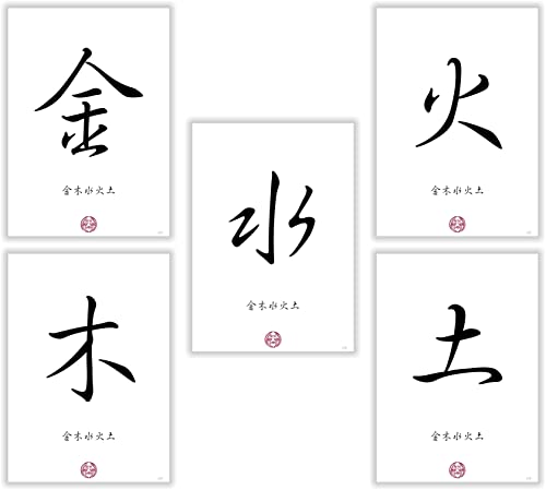 Unbekannt DIE 5 Elemente des FENG Shui - Holz, Metall, Wasser, Erde, Luft in chinesischen - japanischen Kalligraphie Schriftzeichen als Kunstdruck Poster Bilderset von Druck-Geschenk