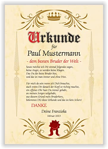 Urkunde Bruder persönliches Geschenk personalisierte Geschenkidee Kunstdruck Poster Bild für den Bruder Marmor Papier Beige von Druck-Geschenk