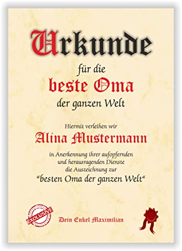 Urkunde für die beste Oma der ganzen Welt Geschenkurkunde für die Großmutter zum Geburtstag Weihnachten Muttertag Omi Urkunde für die beste Oma der ganzen Welt Geschenkurkunde für die Großmutter zum Geburtstag Weihnachten Muttertag Omi von Druck-Geschenk