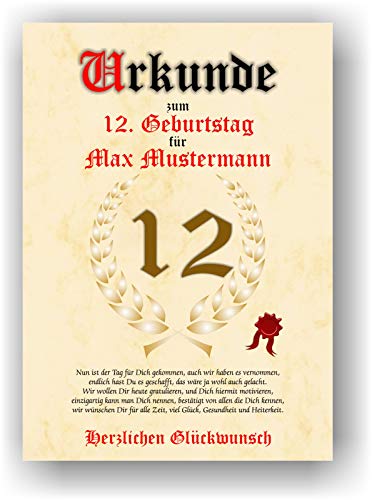 Urkunde zum 12. Geburtstag - Glückwunsch Geschenkurkunde personalisiertes Geschenk mit Name Gedicht und Spruch Karte Präsent Geschenkidee Deko DIN A4 von Druck-Geschenk