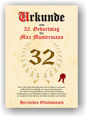 Urkunde zum 32. Geburtstag - Glückwunsch Geschenkurkunde personalisiertes Geschenk mit Name Gedicht und Spruch Karte Präsent Geschenkidee Mann Frau DIN A4 von Druck-Geschenk