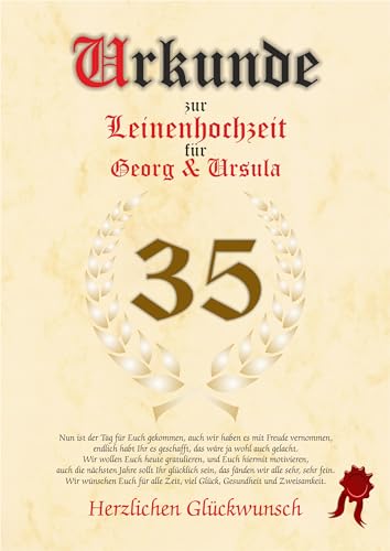 Urkunde zum 35. Hochzeitstag Leinenhochzeit Geschenkurkunde Leinen Hochzeit 35 Jahre verheiratet Mann Frau personalisiertes Geschenk Karte zum Ehrentag XXL DIN A4 von Druck-Geschenk