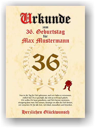 Urkunde zum 36. Geburtstag - Glückwunsch Geschenkurkunde personalisiertes Geschenk mit Name Gedicht und Spruch Karte Präsent Geschenkidee Mann Frau DIN A4 von Druck-Geschenk