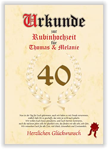 Urkunde zum 40. Hochzeitstag - Rubinhochzeit - Geschenkurkunde Rubin Hochzeit personalisiertes Geschenk Karte zum Ehrentag XXL DIN A4 von Druck-Geschenk