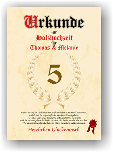 Urkunde zum 5. Hochzeitstag - Holzhochzeit - Geschenkurkunde Holz Hochzeit personalisiertes Geschenk Karte mit Namen DIN A4 von Druck-Geschenk
