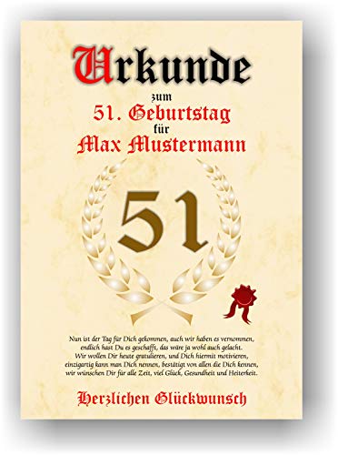 Urkunde zum 51. Geburtstag - Glückwunsch Geschenkurkunde personalisiertes Geschenk mit Name Gedicht und Spruch Karte Präsent Geschenkidee Mann Frau DIN A4 von Druck-Geschenk