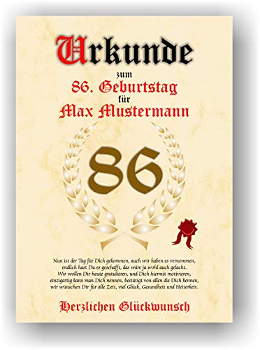 Urkunde zum 86. Geburtstag - Glückwunsch Geschenkurkunde personalisiertes Geschenk Oma Opa mit Name Gedicht und Spruch Karte Präsent Geschenkidee Mann Frau DIN A4 von Druck-Geschenk