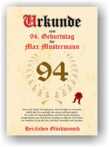 Urkunde zum 94. Geburtstag - Glückwunsch Geschenkurkunde personalisiertes Geschenk Oma Opa mit Name Gedicht und Spruch Karte Präsent Geschenkidee Mann Frau DIN A4 von Druck-Geschenk