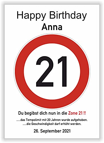 Verkehrsschild - Bild - 21. Geburtstag - Wunschname - personalisiertes Geschenk - Kunstdruck - Geschenkidee Glückwunsch Karte von Druck-Geschenk