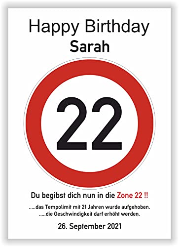 Verkehrsschild - Bild - 22. Geburtstag - Wunschname - personalisiertes Geschenk - Kunstdruck - Geschenkidee Glückwunsch Karte von Druck-Geschenk