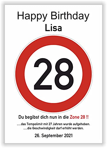 Verkehrsschild - Bild - 28. Geburtstag - Wunschname - personalisiertes Geschenk - Kunstdruck - Geschenkidee Glückwunsch Karte von Druck-Geschenk