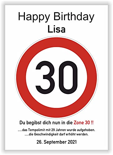 Verkehrsschild - Bild - 30. Geburtstag - Wunschname - personalisiertes Geschenk - Kunstdruck - Geschenkidee Glückwunsch Karte von Druck-Geschenk