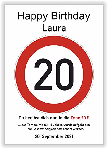 Verkehrsschild Hinweisschild - Bild - Poster 20. Geburtstag - mit Wunschname personalisiertes Geschenk - Kunstdruck - Deko Geschenkidee von Druck-Geschenk