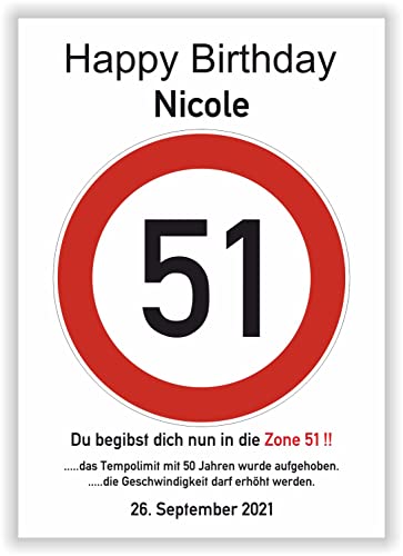 Verkehrszeichen 51. Geburtstag Party Deko Geschenk Kunstdruck Karte Straßenzeichen Verkehrsschild Print mit Name & Datum personalisiert von Druck-Geschenk