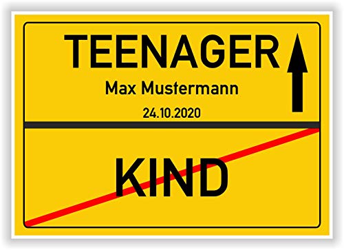 Vom Kind zum Teenager - Ortsschild - Bild - persönliche Geschenkidee zum 13 Geburtstag mit Name und Datum - personalisiertes Geschenk Hinweisschild Party Deko Karte Junge Mädchen von Druck-Geschenk