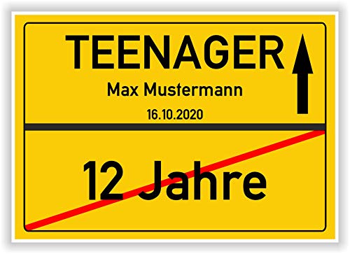 Von 12 Jahre zum TEENAGER - Ortsschild - Bild - persönliches Geschenk zum 13 Geburtstag mit Name und Datum - personalisierte Geschenkidee Hinweisschild Party Deko Karte Junge Mädchen von Druck-Geschenk