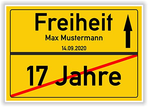 persönliche Geschenkidee 18. Geburtstag - 17 Jahre - Freiheit Ortsschild Bild Geschenk Party Deko Schild Volljährig Hinweisschild Glückwunsch Karte mit Name und Datum personalisiert von Druck-Geschenk